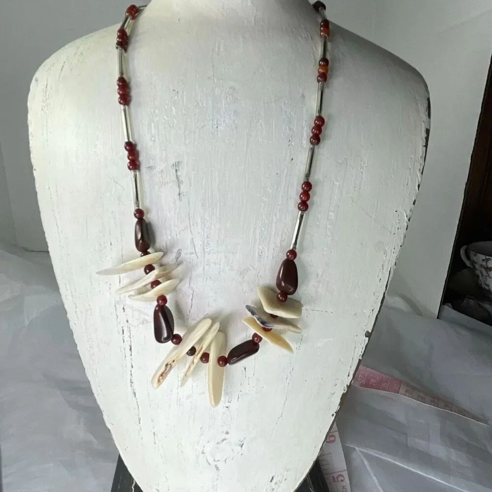 Vintage Tribal Bohemian Natural Shell glass beaded necklace